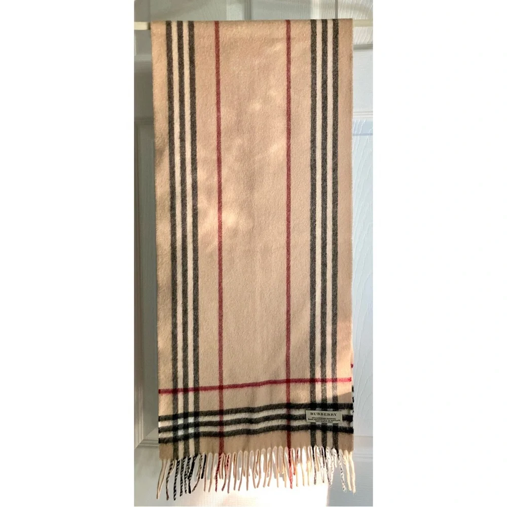 Burberry Beige Vintage Check Cashmere Scarf with Black and Red Stripes